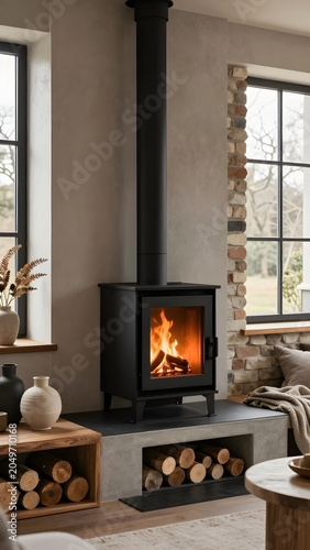 Geometric Wood Burning Stove with Built-In Bench in Modern Living Room