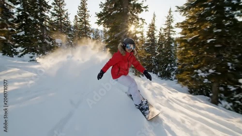 Snowboarder in red jacket carving down a snowy mountain slope with trees and sun, winter sports lifestyle