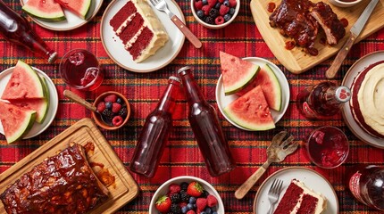Traditional Juneteenth celebration feast with soul food spread on red tablecloth top view