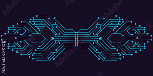 Symmetrical futuristic circuit board pattern on dark background abstract digital technology network concept