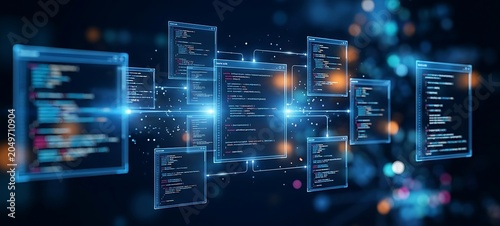 Abstract digital windows displaying glowing code lines and data streams, representing complex programming and network connectivity in a futuristic cyberspace