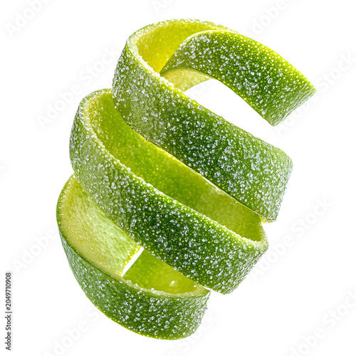 Green Lime Peel Spiral Twist Textured Zest Isolated On Transparent Background