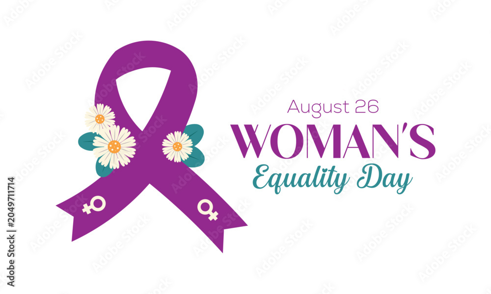 Fototapeta premium Women’s Equality Day banner with purple awareness ribbon, daisy flowers, female symbols, and elegant text for August 26.