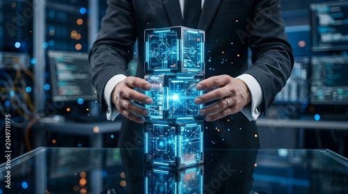 Executive person hands assembling a stack of illuminated technology cube modules representing cloud database system structural organization