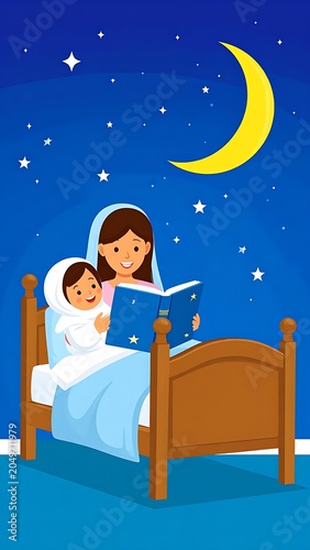 Mother reading to child in bed.