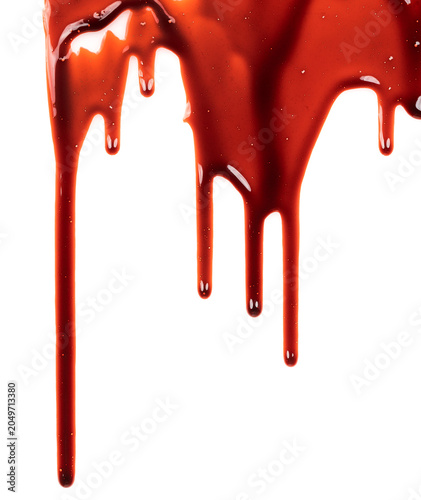 Dripping blood isolated on white background. Flowing bloody stains, splashes and drops. Trail and drips red blood close up