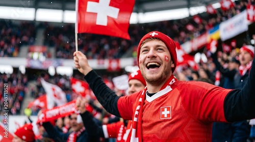 Excited Fans Cheering With Swiss Flag at a Sports Event.