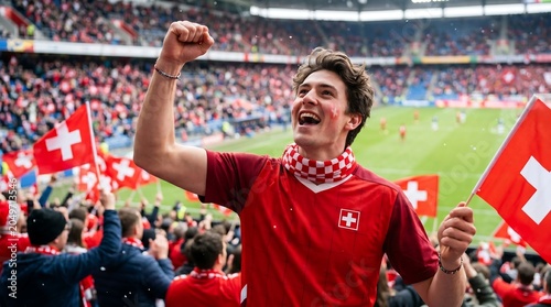 Excited Fan Celebrating at a Soccer Match with Swiss Flag.