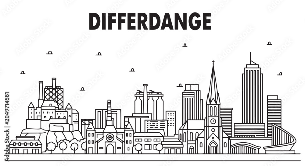 Fototapeta premium Differdange Skyline Black and White Architectural Illustration