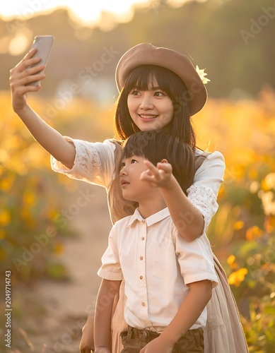 Woman and child taking selfie outdoors.