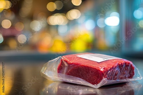 Fresh raw beef steak packaged in clear plastic with blurred background