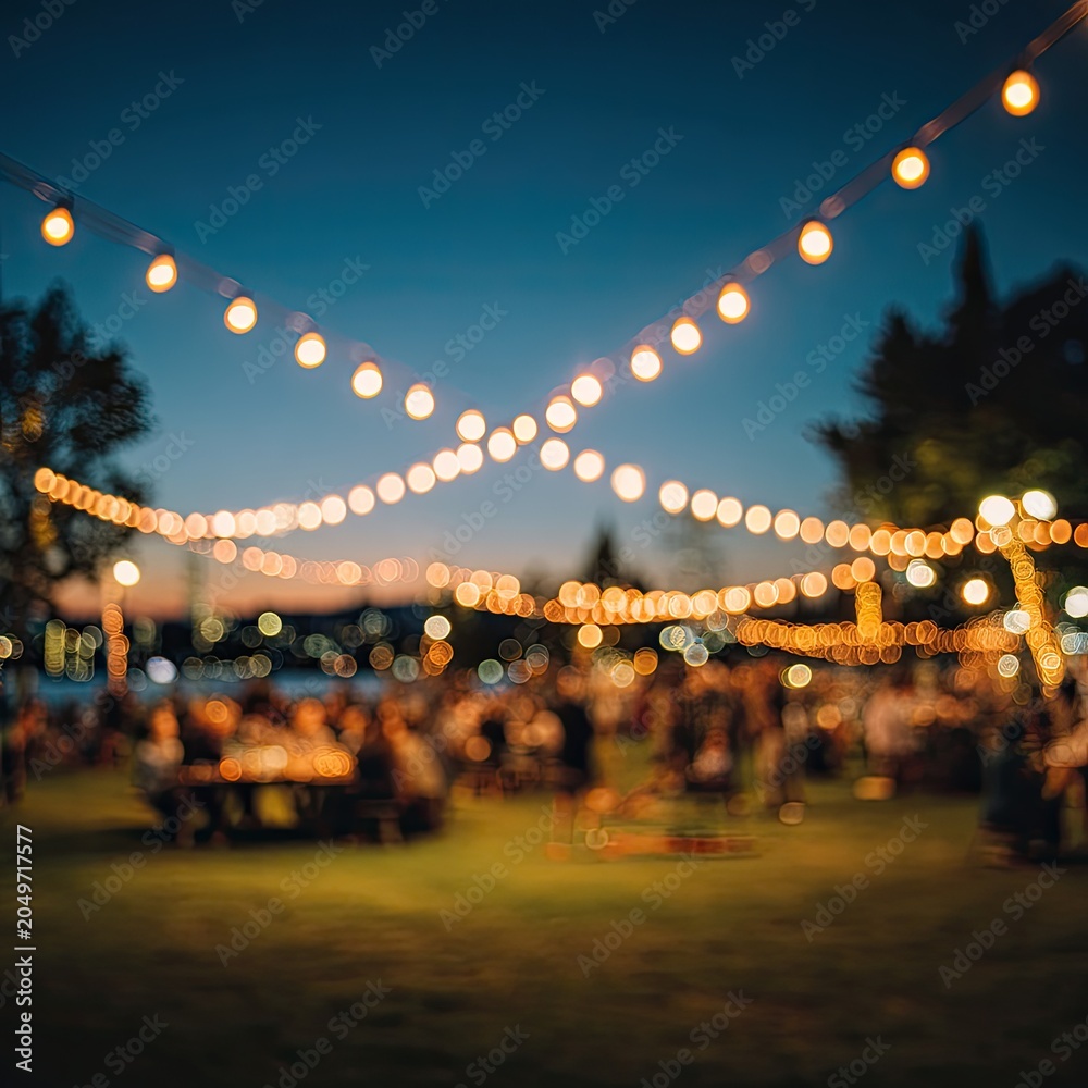 Fototapeta premium Enchanting outdoor evening gathering with glowing string lights