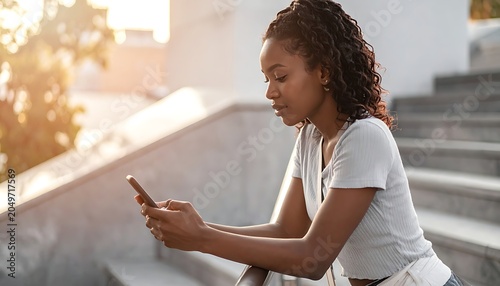 Young woman sitting on stairs using smartphone.