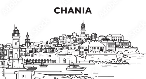 Chania Greece Cityscape Outline Illustration Coastal Landmark Art