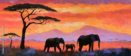 African savannah with acacia trees and elephants, palette knife style painting wall art