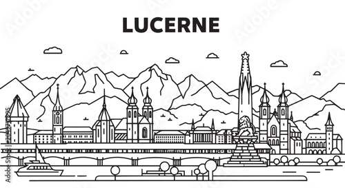 Cuadro en lienzo Lucerne Switzerland Cityscape Line Art Vector Illustration