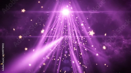 Abstract purple light rays and falling golden stars, creating a magical festive atmosphere, perfect for events or celebrations