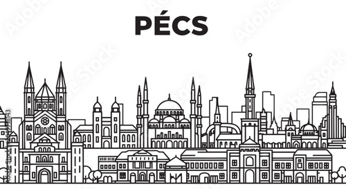 Foto Pecs Hungary Skyline Vector Illustration Cityscape Black White