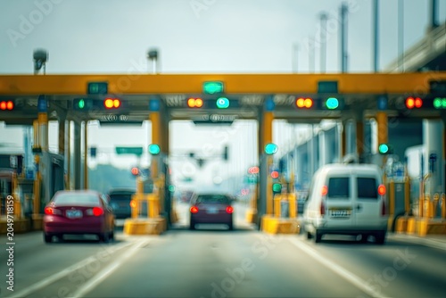 Cars driving through a blurred, bright toll booth with green and red lights