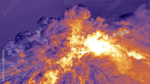 Abstract flowing purple and orange liquid, lava explosion, volcano eruption, fluid art
