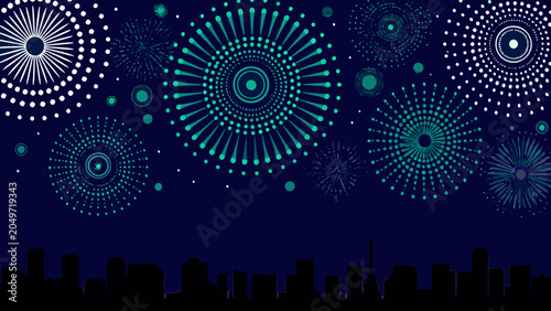 Konstfotografi Fireworks display vector illustration with a dark blue background and a silhouet