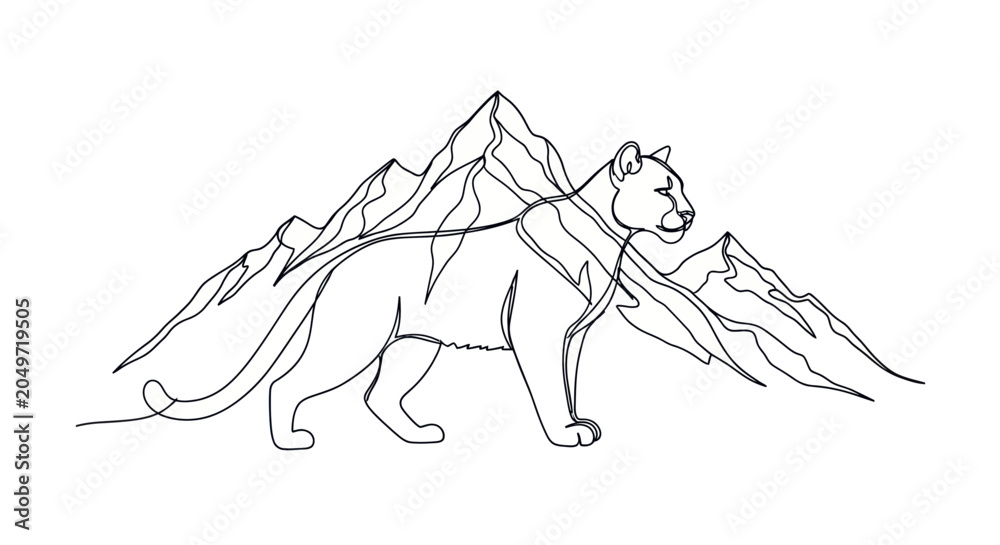 Fotografia Cougar and Mountain Range Continuous Line Art Vector Illustration