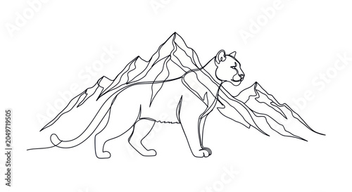Photography Cougar and Mountain Range Continuous Line Art Vector Illustration