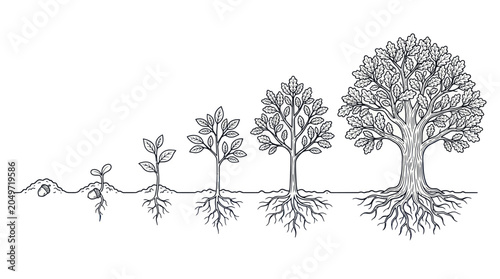 Oak Tree Life Cycle Line Art Illustration