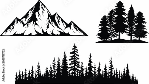 Fényképezés Black and white silhouettes of mountains and coniferous trees against a white ba