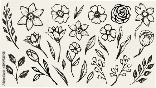 Canvas-taulu Collection of sketched floral ornaments with leaves and stems on a light beige b