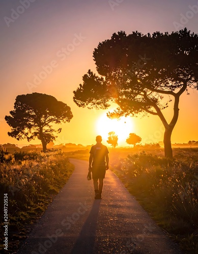 Man walking on path at sunset.