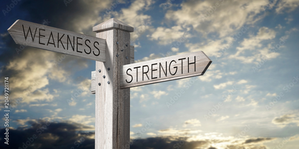 Fototapeta premium Weakness and Strength - Wooden Signpost with Two Arrows