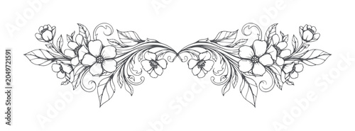 Ornate floral border with dark grey line flowers and leaves decorative