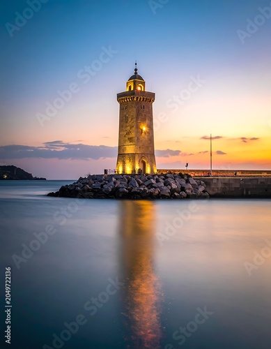 Lighthouse on rocky coastline at sunset.