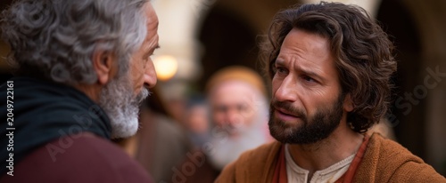 In a historic marketplace, early Christian messengers engage deeply with religious elders, highlighting a cultural and theological confrontation.