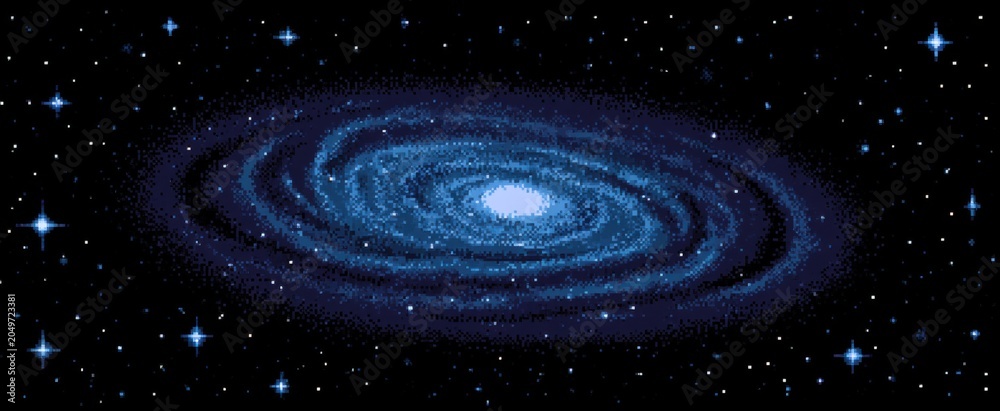 Obraz premium Pixelated vibrant massive galaxy and sparkling stars in cosmos. Panoramic deep space view in classic pixel art style with dithering effect for 8-bit retro game illustration.