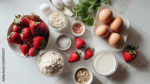 Overhead Flat Lay of Raw Ingredients for Strawberry Protein Muffins