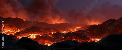 Panel kuchenny z motywem Glowing molten lava illuminates rugged volcanic rocks beneath swirling smoke in a dramatic natural scene.