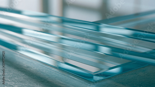 Stacked translucent glass sheets with overlapping edges casting subtle refracted shadow gradients, abstract minimal composition ideal for architectural glazing industry, optical