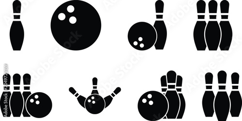 Fotografie Bowling collection with pins, bowling balls and recreational sport equipment