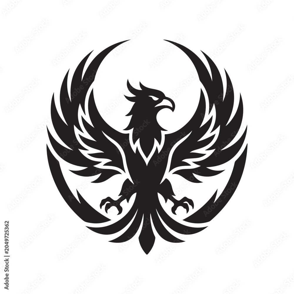 Fototapeta premium Black phoenix bird emblem stylized circular design powerful symbol of rebirth and strength.