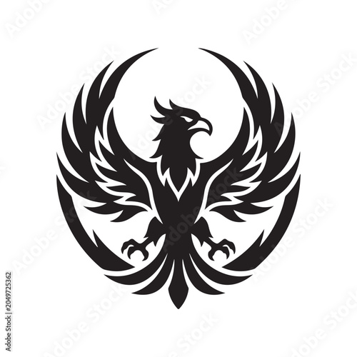 Obraz na plátně Black phoenix bird emblem stylized circular design powerful symbol of rebirth and strength