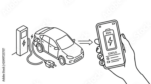 Line art illustration of an electric car charging at a station, with a smartphone displaying the 85% battery status.
