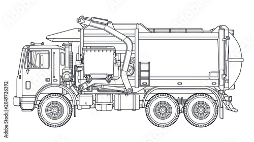 Detailed Garbage Truck Line Art Vector Illustration