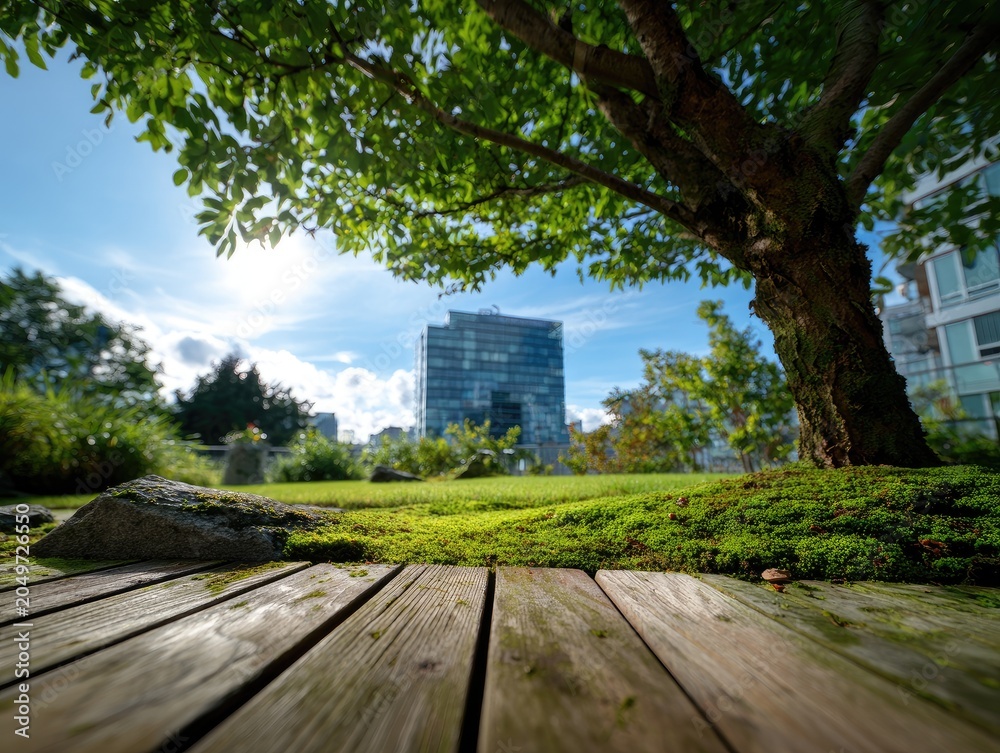 Fototapeta premium Sunny green park with modern building and wooden planks