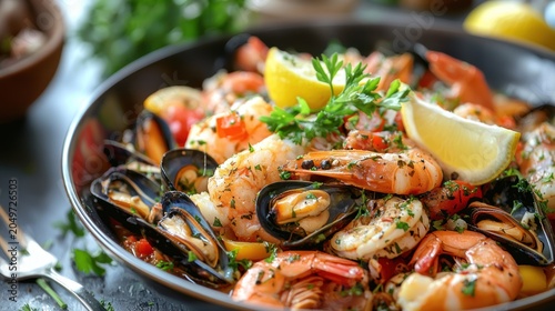 A vibrant dish of seafood served in a stylish restaurant, with a garnish of fresh herbs and a lemon wedge.