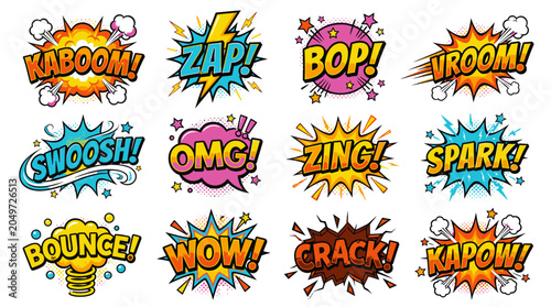 Dynamic colorful comic book onomatopoeia words and explosions.