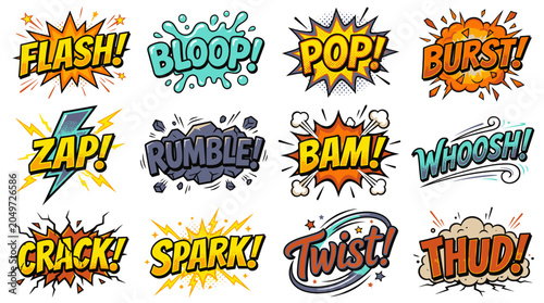 Dynamic colorful comic sound effect bubbles with action text.