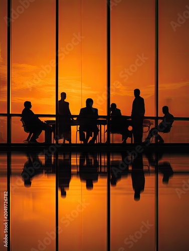 Silhouetted figures in a meeting room at sunset, reflecting on floor