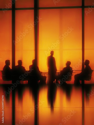 Silhouettes of people in suits in a boardroom meeting bathed in warm light